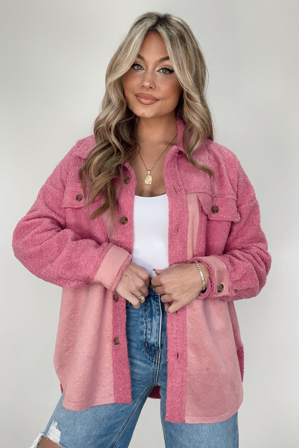 Pink Colorblock Buttoned Flap Pocket Sherpa Jacket