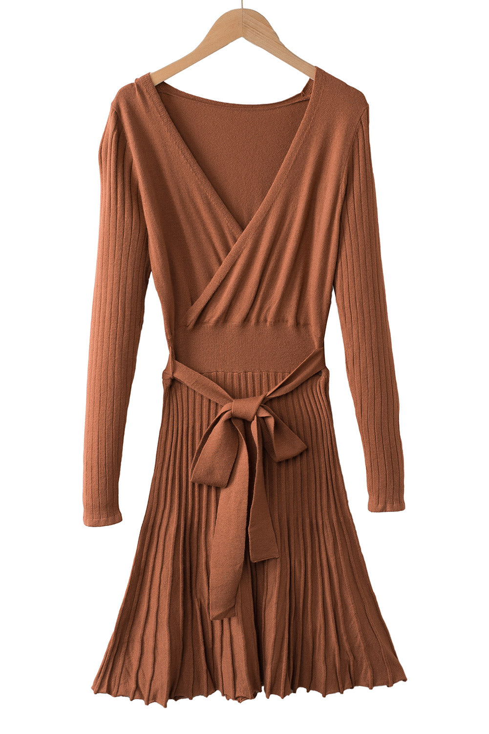 Brown Belted Wrap V Neck Ribbed Pleated Sweater Dress