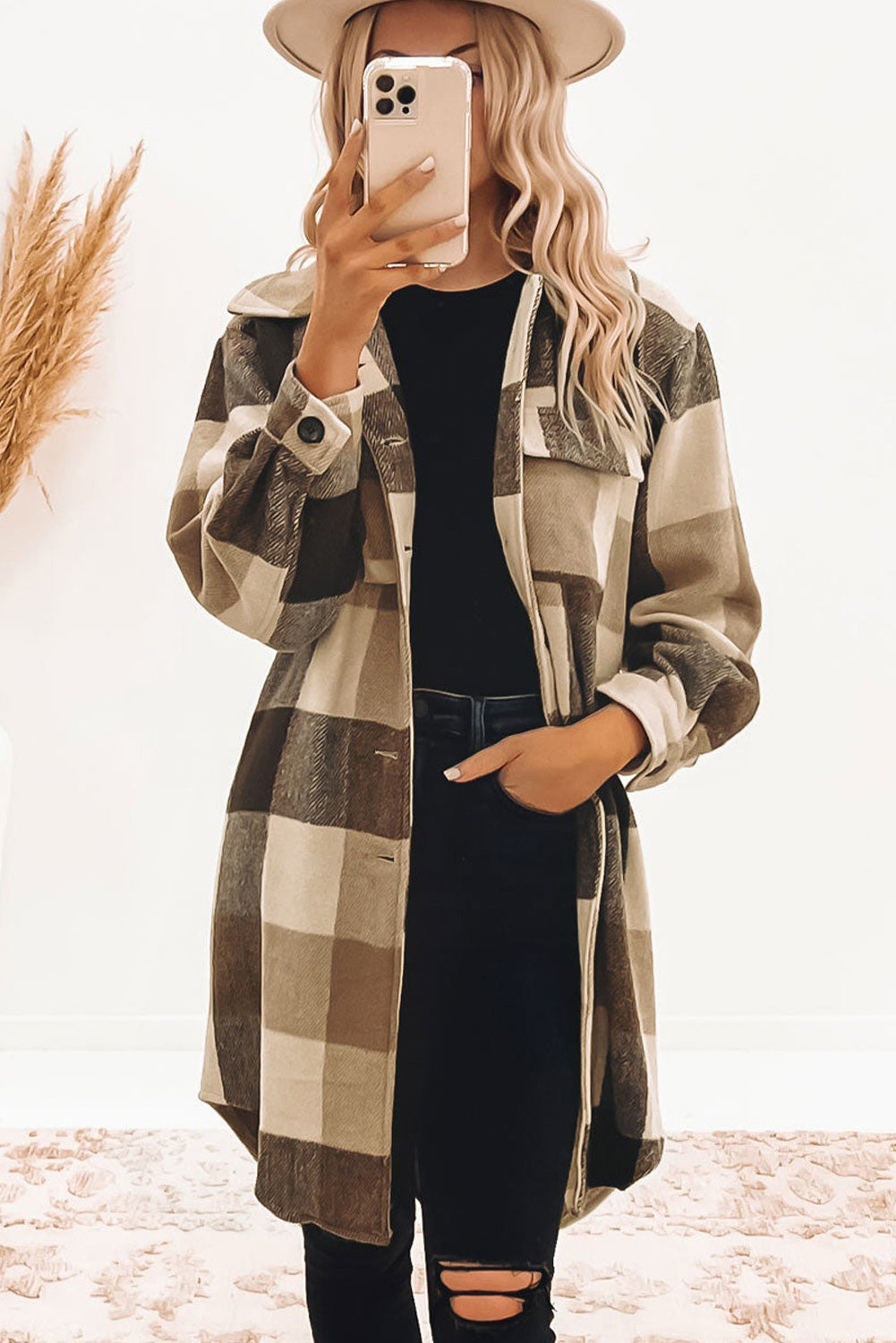 Khaki Plaid Colorblock Button Down Flap Pocket Long Shacket