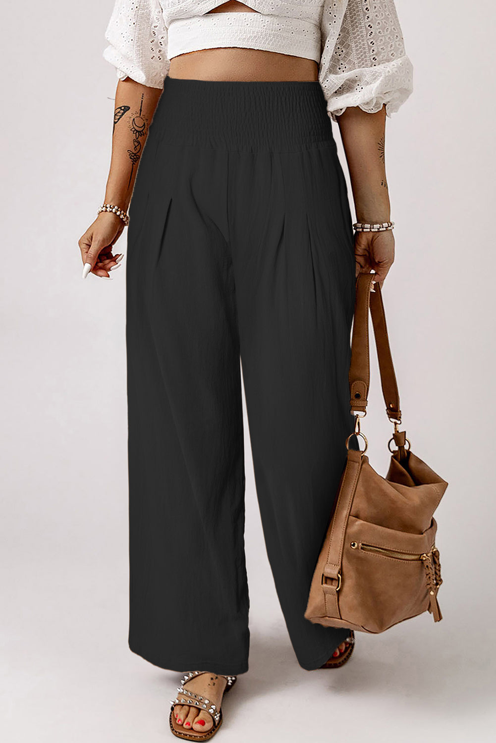 Brown Smocked Wide Waistband High Waist Wide Leg Pants