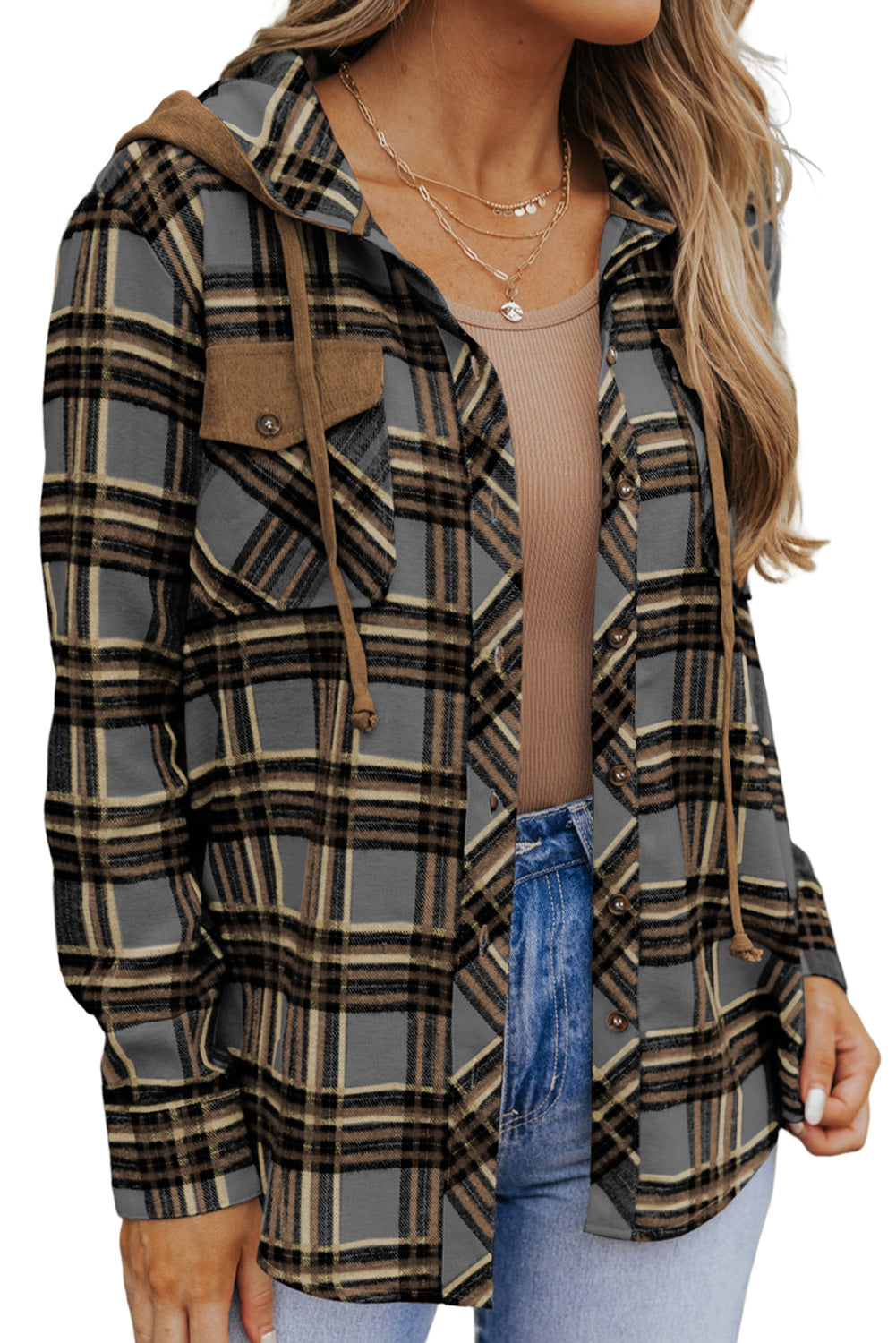 Pink Plaid Contrast Hooded Drawstring Shacket