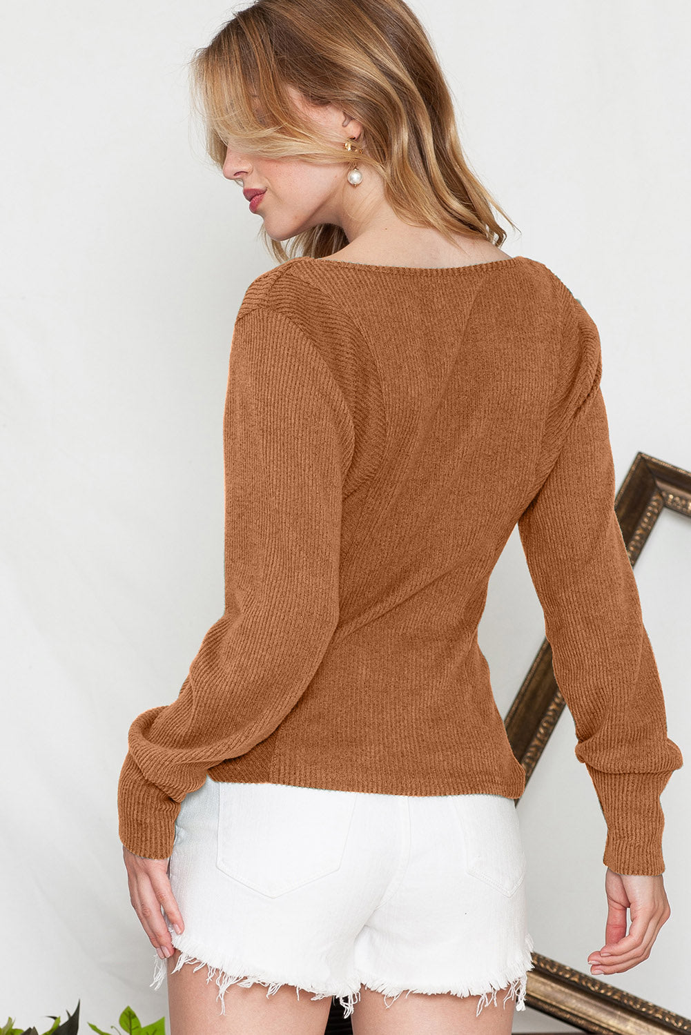 Brown U Neck Textured Long Sleeve Top