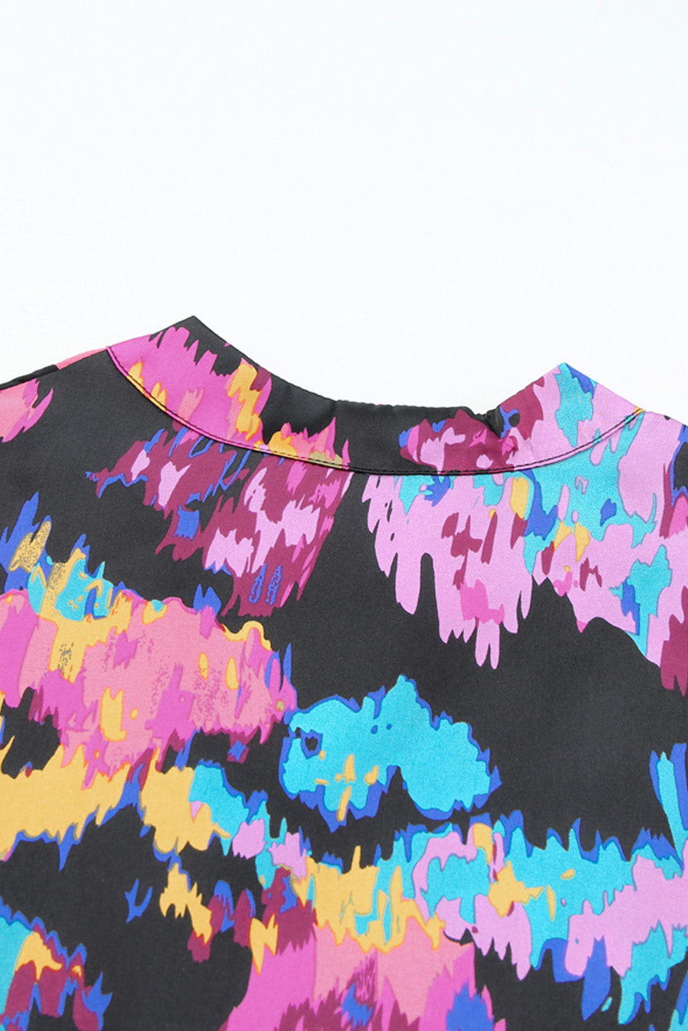 Abstract Print Waist Belted Flounce Hem Split V Neck Long Sleeve Dress