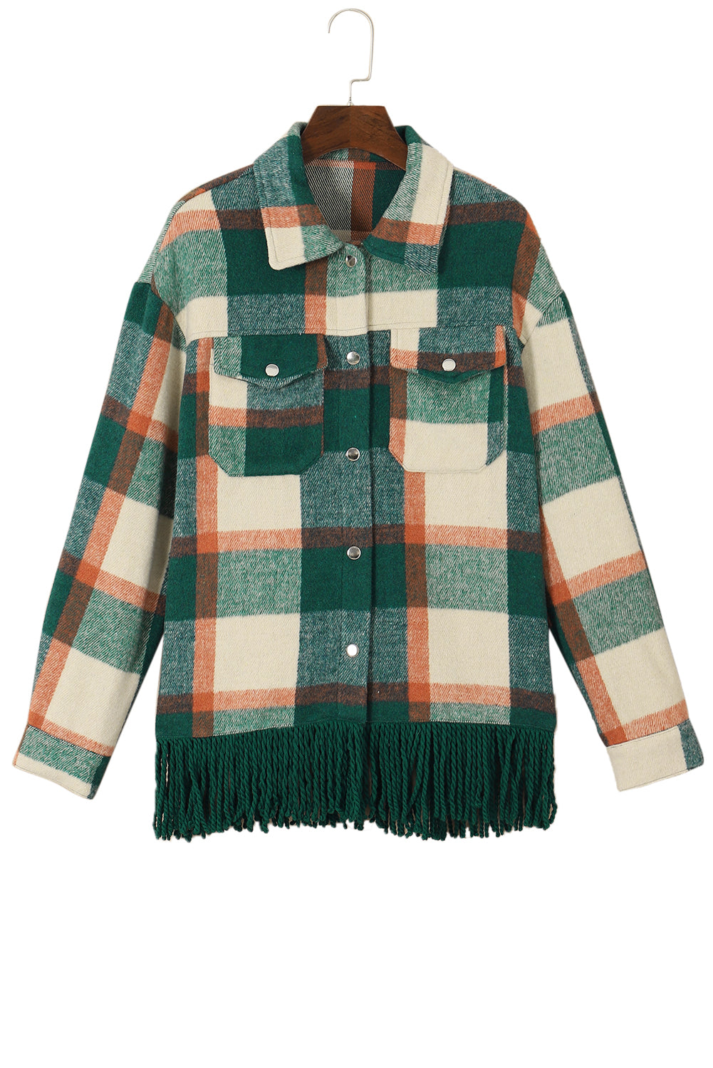 Black Plaid Snap Button Pocket Fringed Hem Shacket