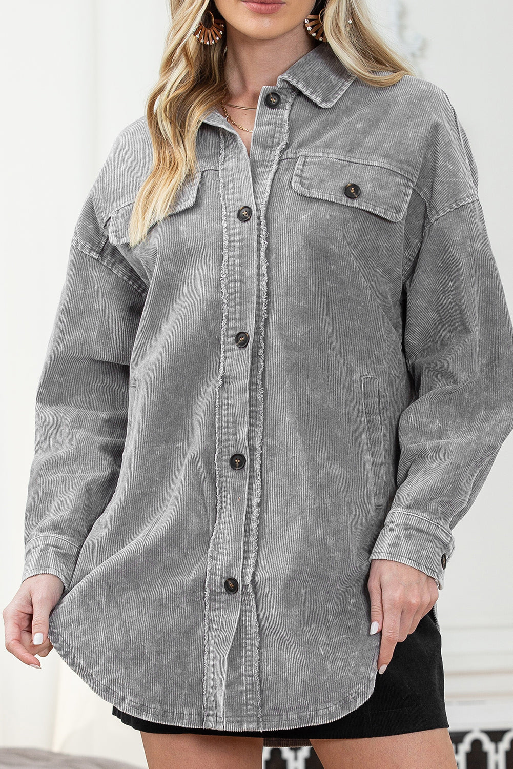 Khaki Vintage Distressed Mineral Wash Oversized Shacket