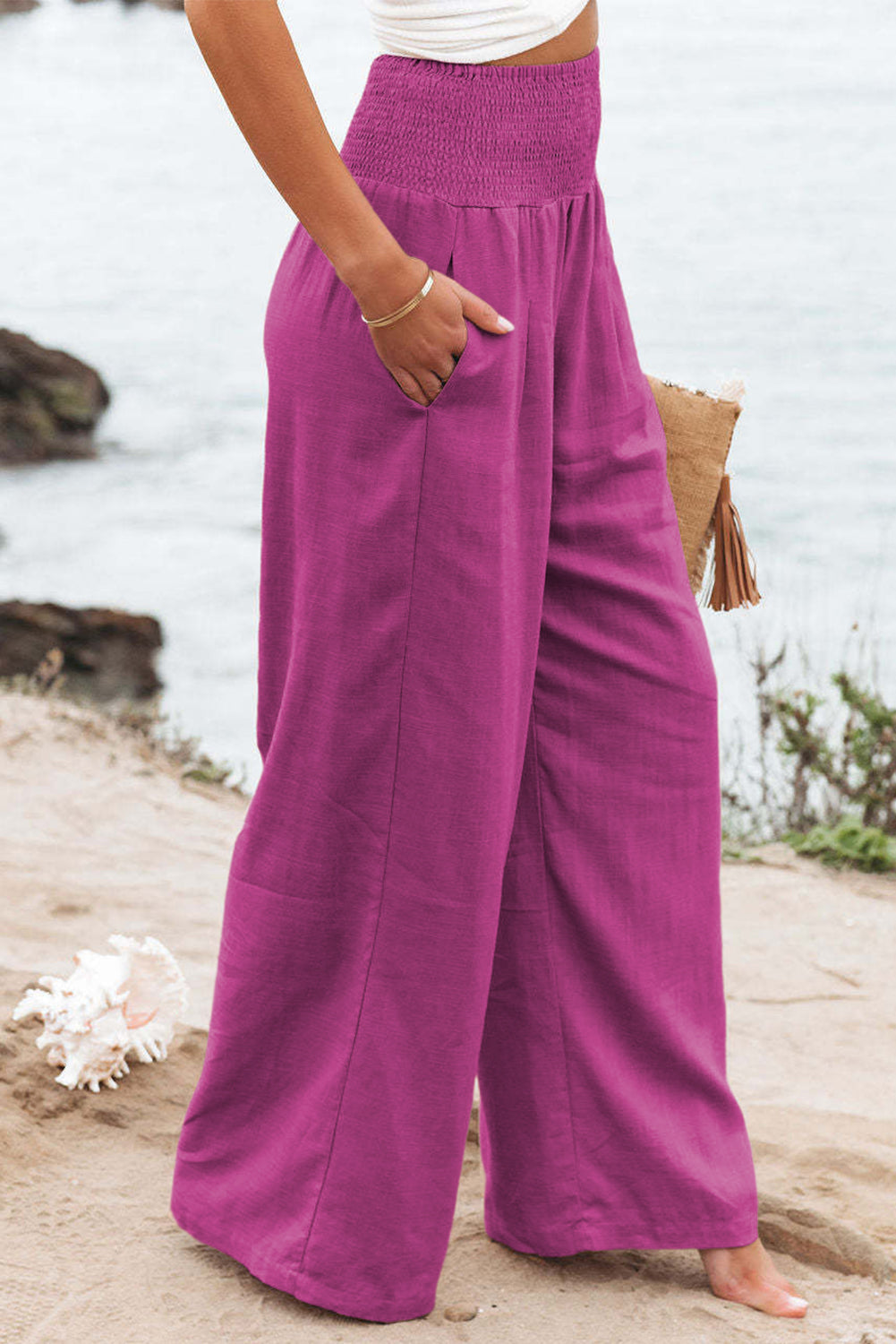 Brown Smocked Wide Waistband High Waist Wide Leg Pants