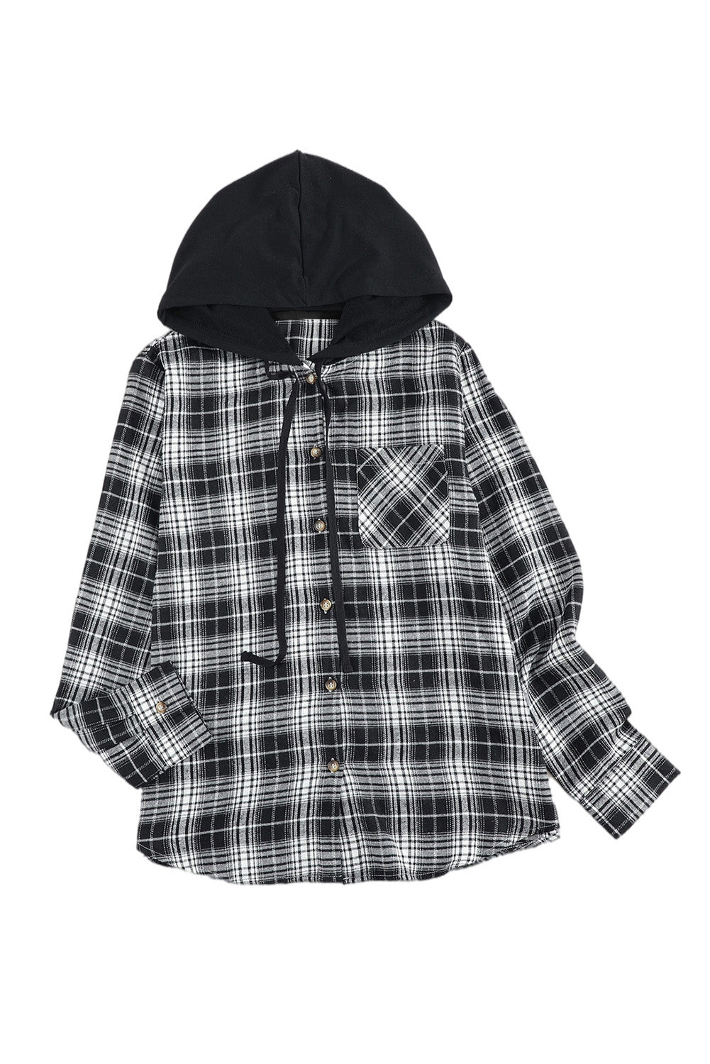 Khaki Drawstring Plaid Hooded Shirt Shacket