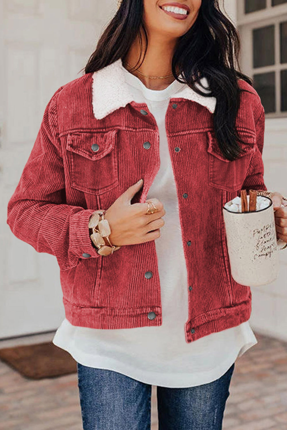 Gray Sherpa Snap Flap Pocket Cropped Corduroy Jacket