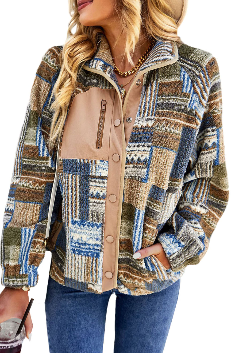 Pink Geometric Colorblock Snap Button Sherpa Jacket