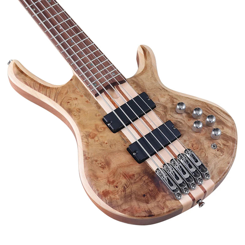 One Piece Tree Burl 5 String Electric Bass Guitar, Solid Okoume Wood Body 43 Inch