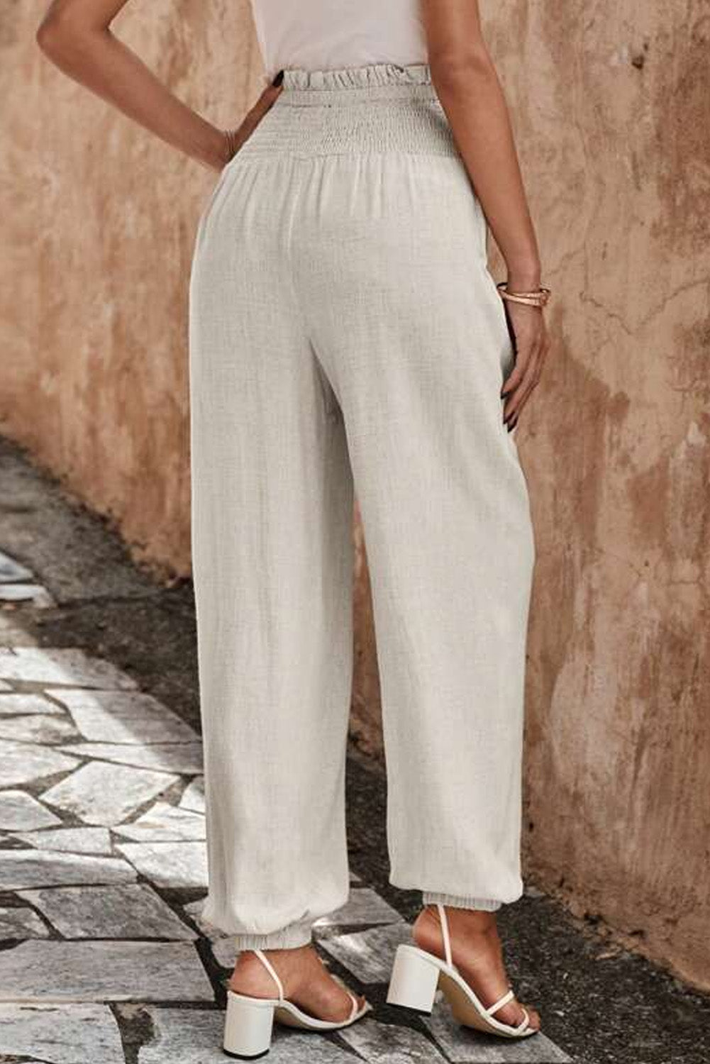 Apricot Smocked High Waist Loose Jogger Pants