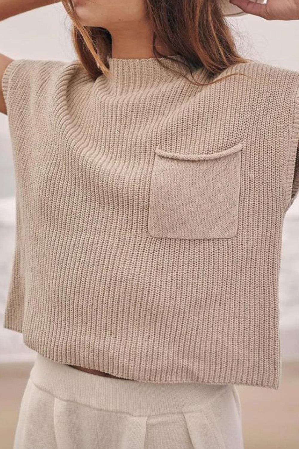 Oatmeal Pocket Flat Knit Sleeveless High Neck Sweater