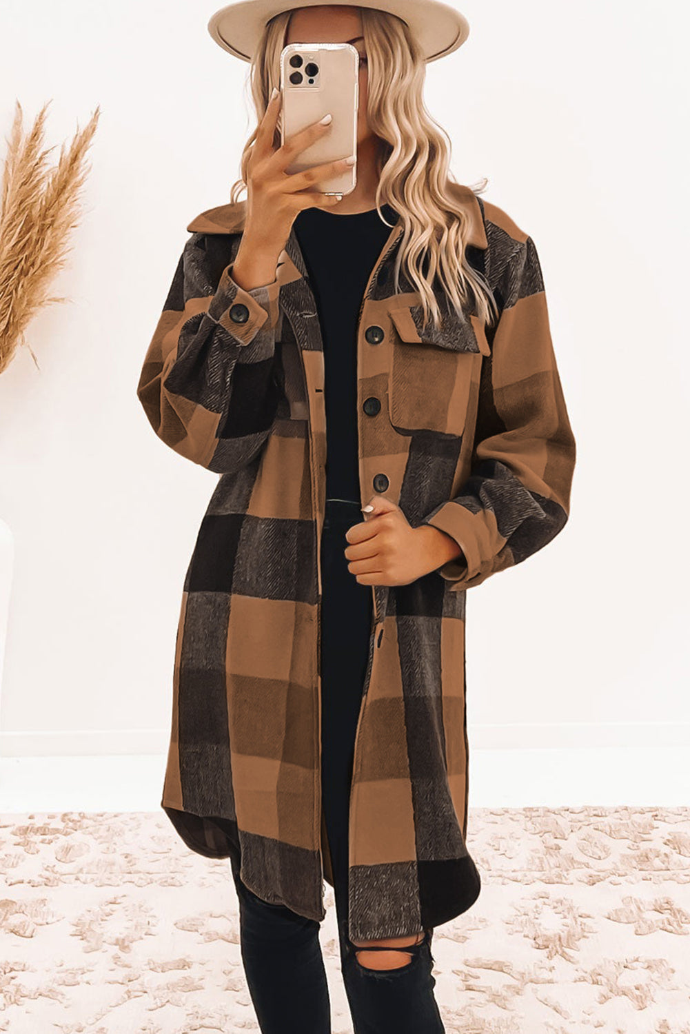 Khaki Plaid Colorblock Button Down Flap Pocket Long Shacket