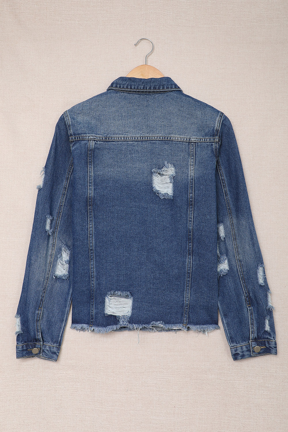 Black Casual Distressed Raw Hem Buttons Denim Jacket