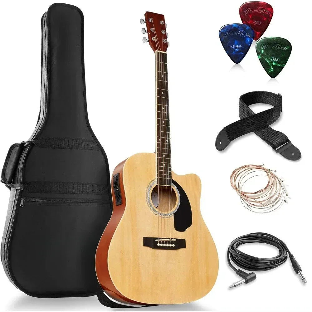 Ashthorpe Full-Size Dreadnought Cutaway Acoustic Electric Bundle - Premium Tone woods - Natural Guitar
