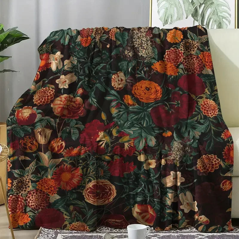 Vintage Green Plant Floral Flannel Blanket