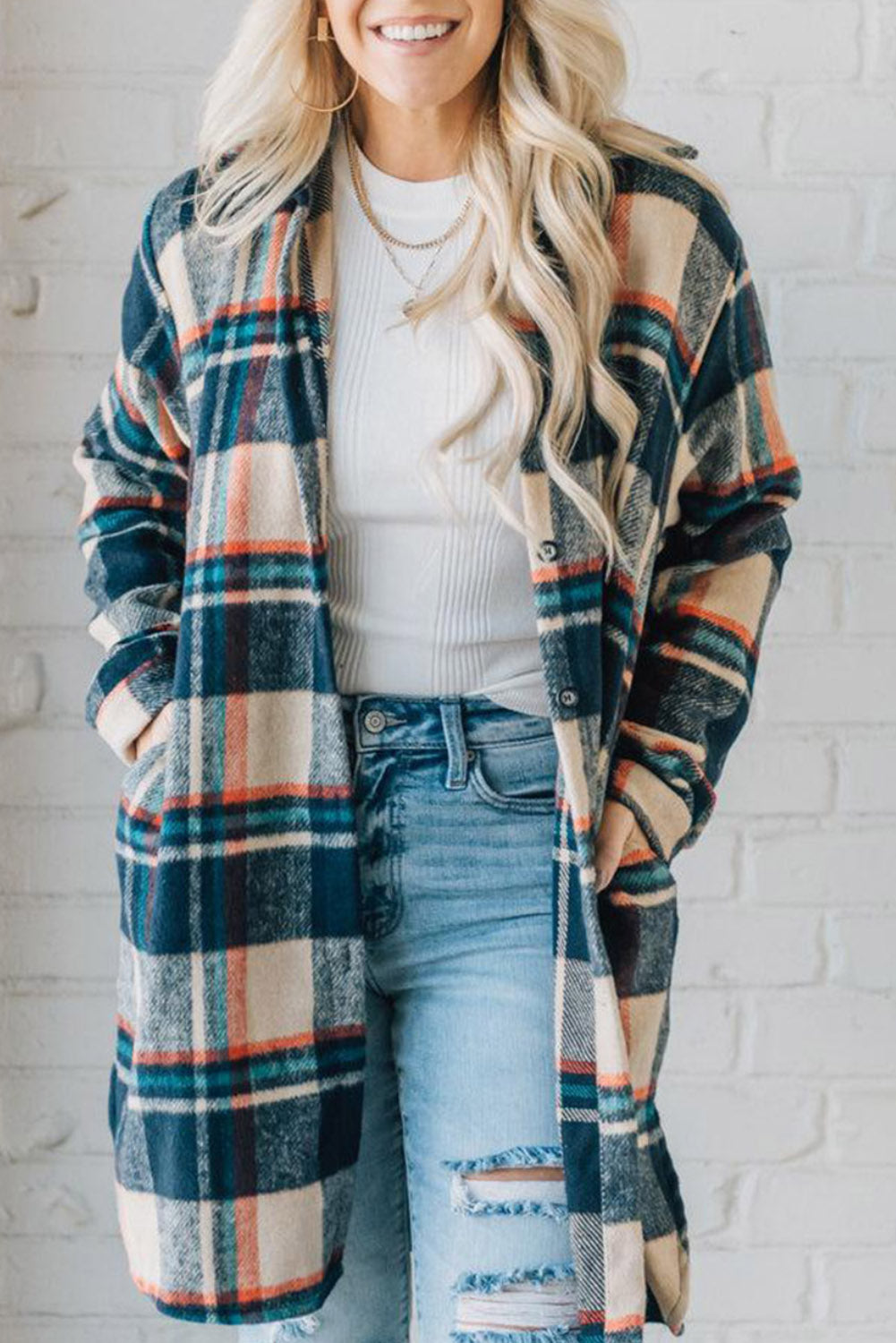 Apricot Plaid Pockets Mid-Length Shacket