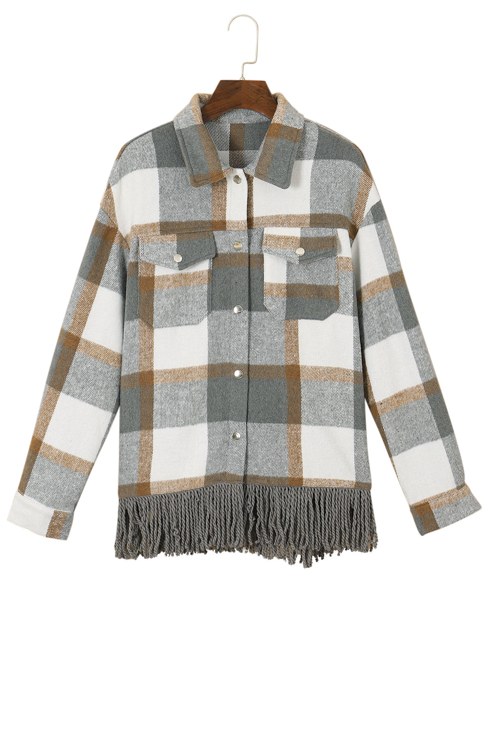 Black Plaid Snap Button Pocket Fringed Hem Shacket