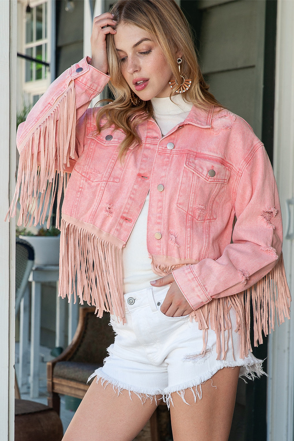 Pink Distressed Ripped Fringe Hem Cropped Denim Jacket
