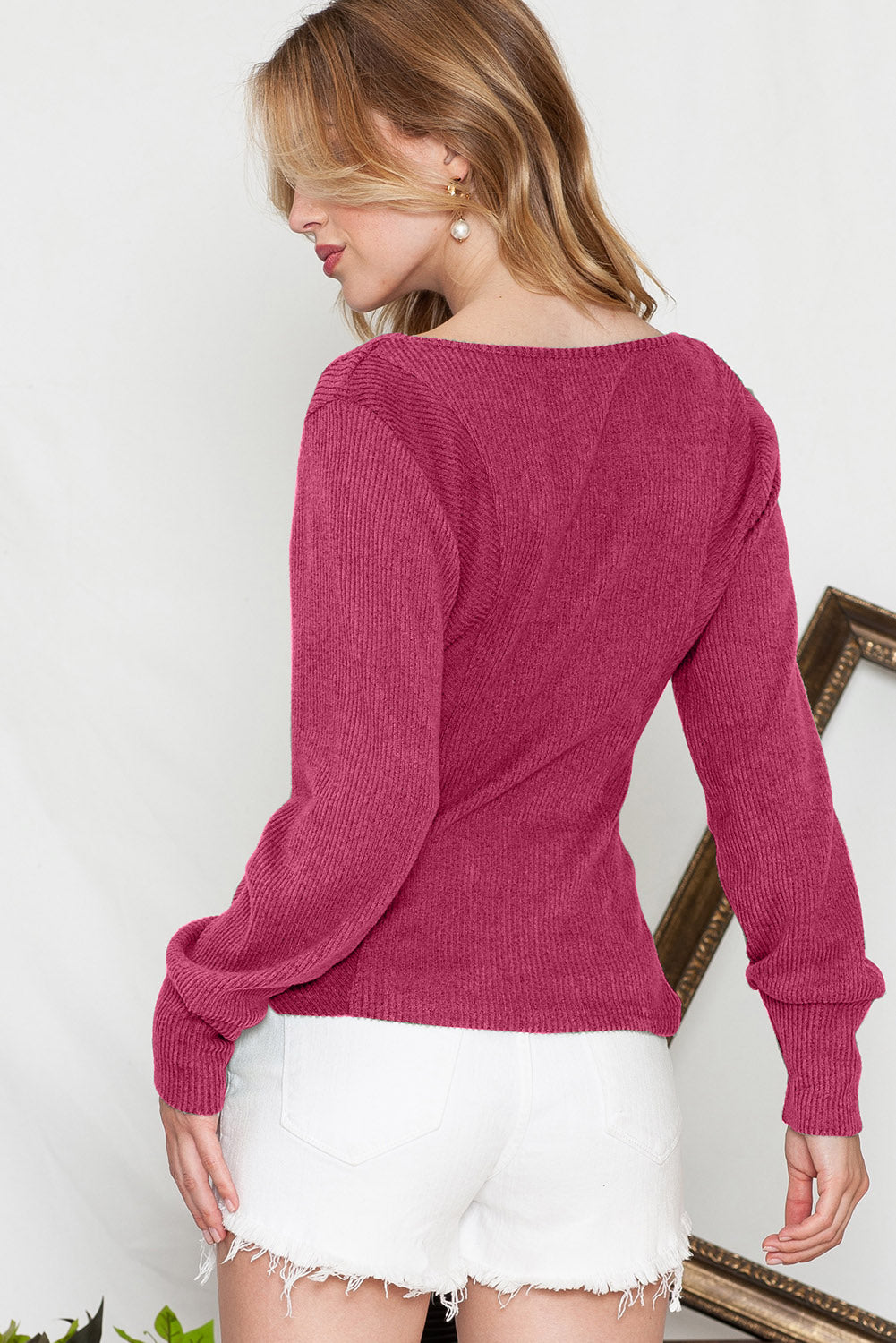 Brown U Neck Textured Long Sleeve Top