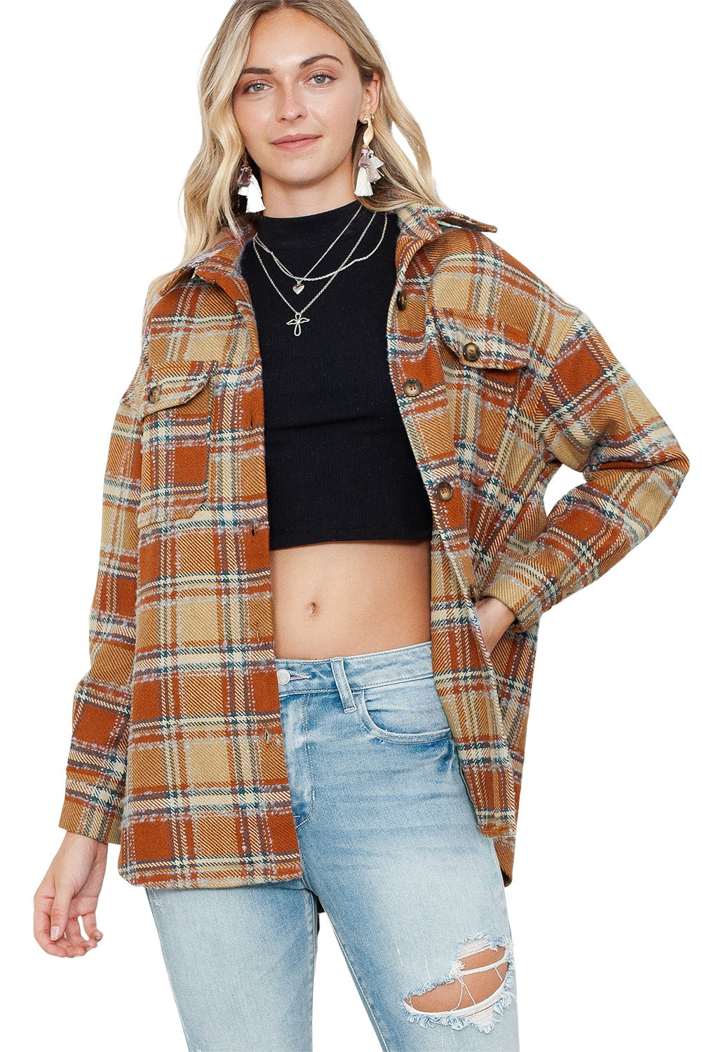 Dark Blue Oversized Flap Pockets Plaid Shacket with Slits