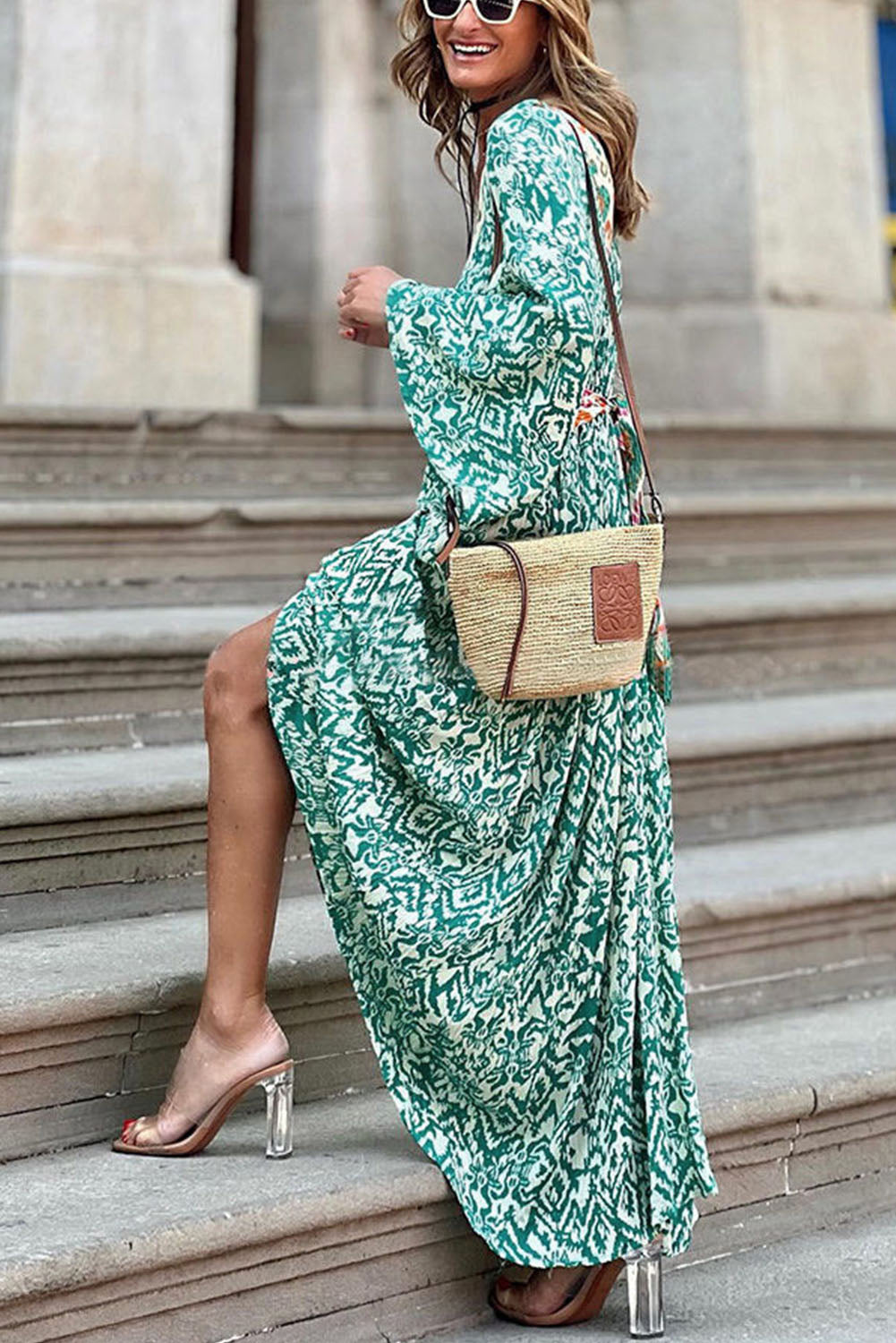 Green Abstract Pattern Print V Neck High Waist Maxi Dress