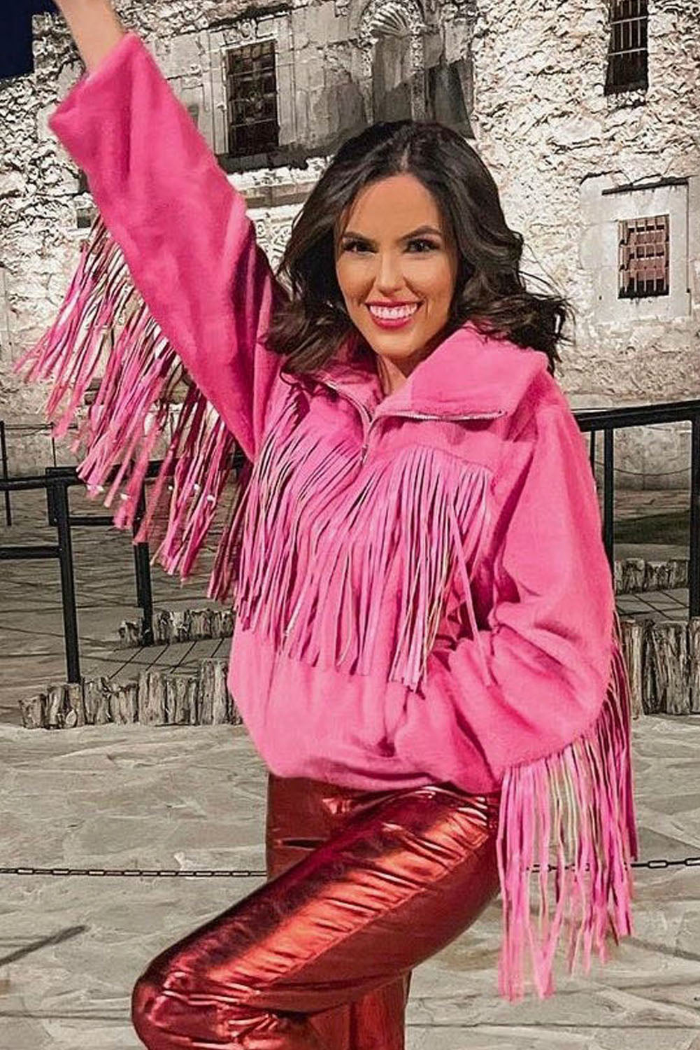 Pink Fringed Full Zipper Fleece Jacket