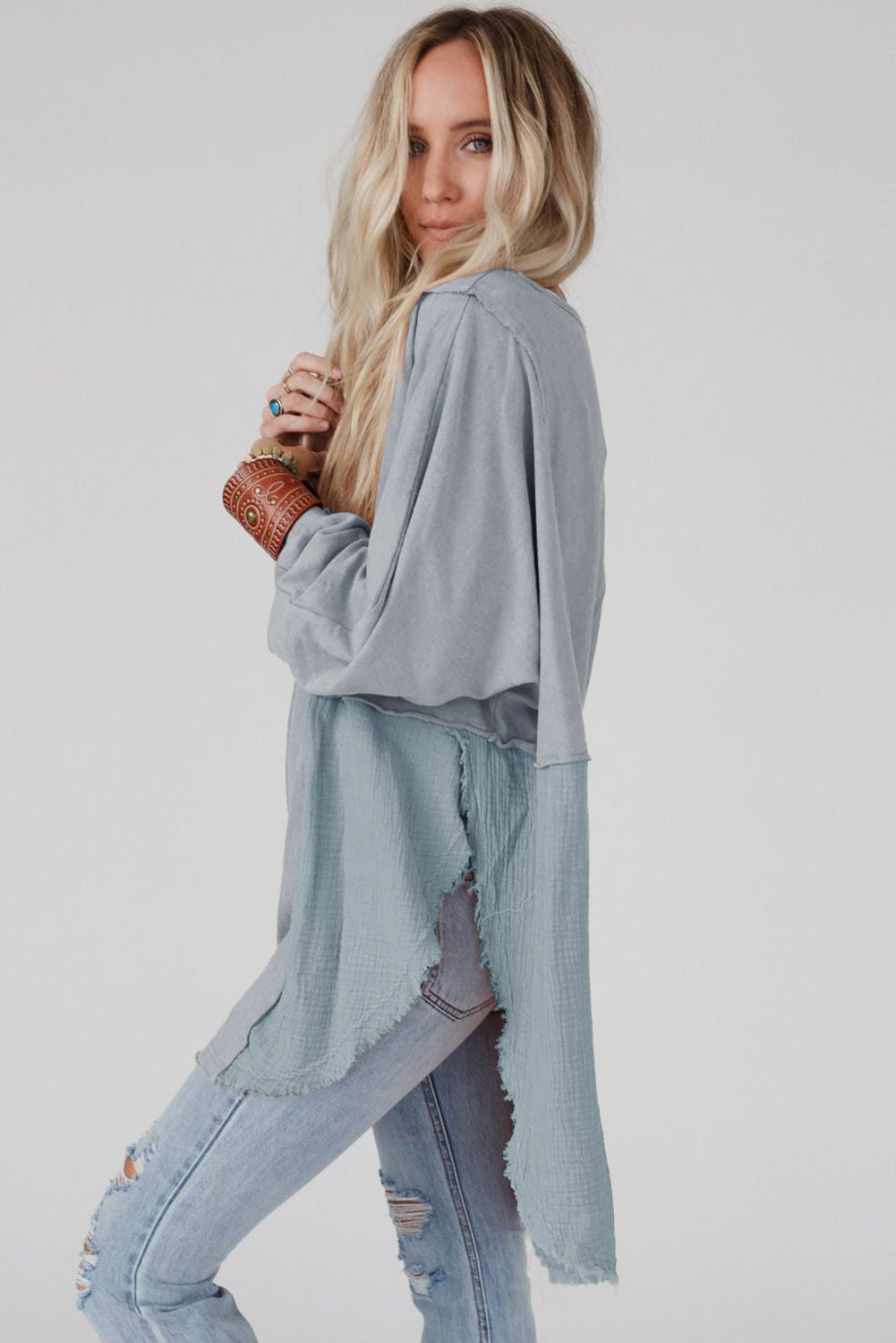 Khaki Crinkled Patchwork Raw Hem Oversized Blouse
