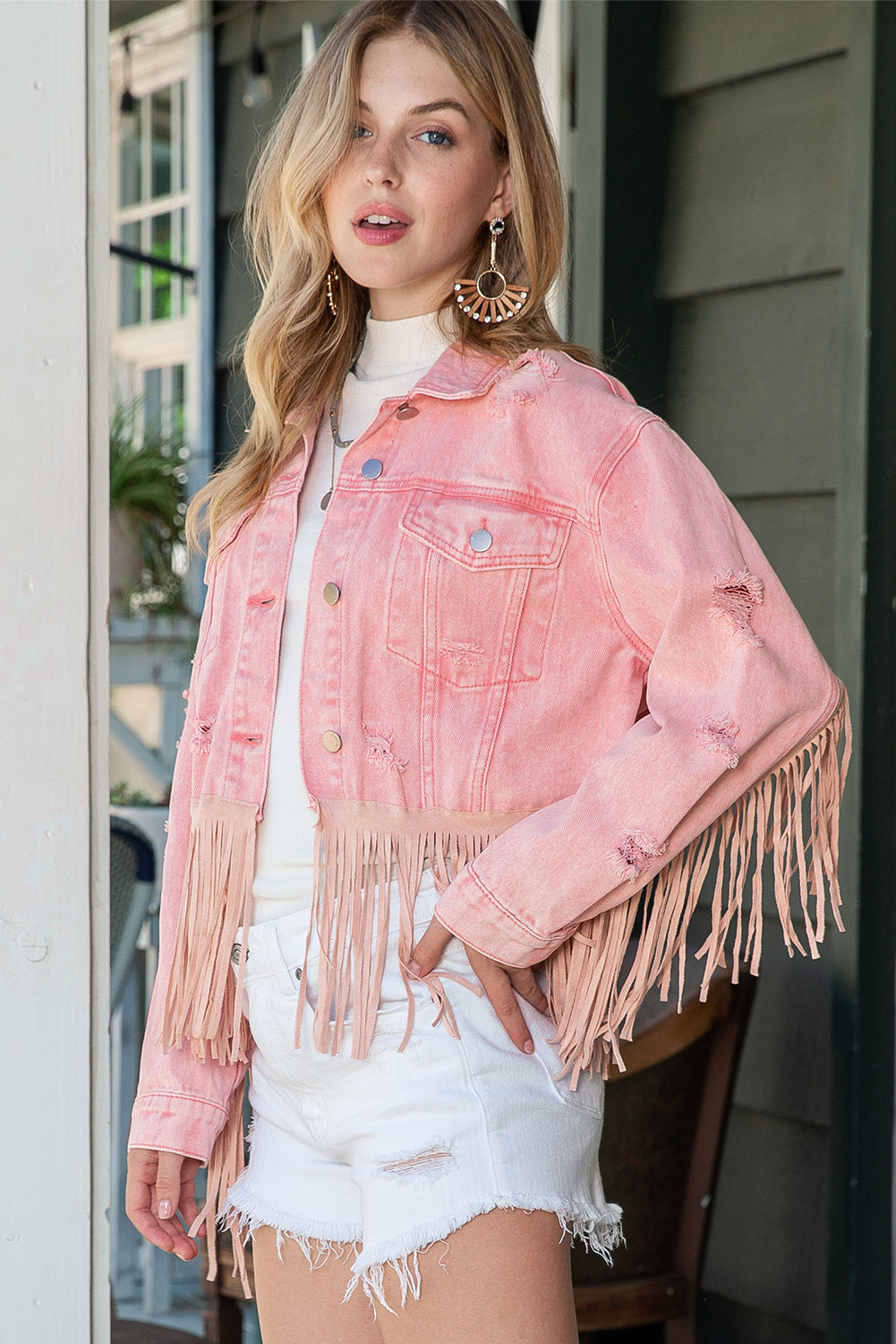 Pink Distressed Ripped Fringe Hem Cropped Denim Jacket