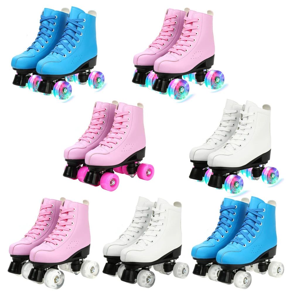 Solid Color PU Leather Quad Roller Dance Skates with LED Wheels