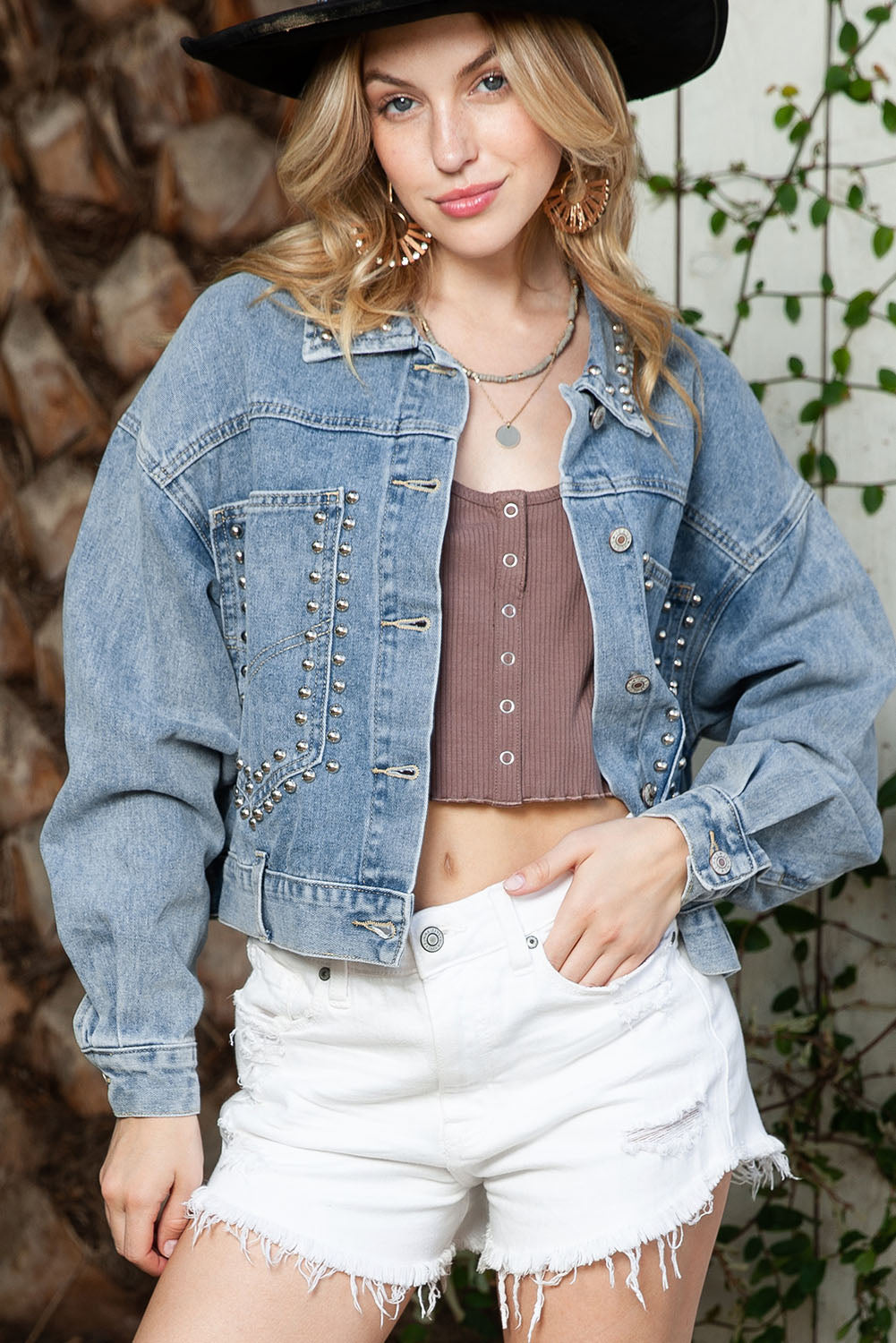 Blue Studded Button Up Light Wash Cropped Denim Jacket
