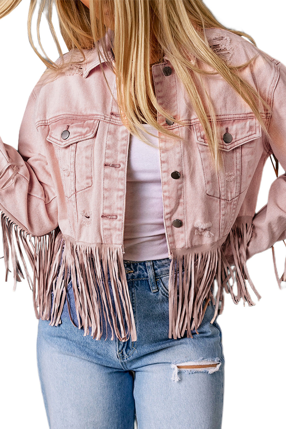 Pink Distressed Ripped Fringe Hem Cropped Denim Jacket