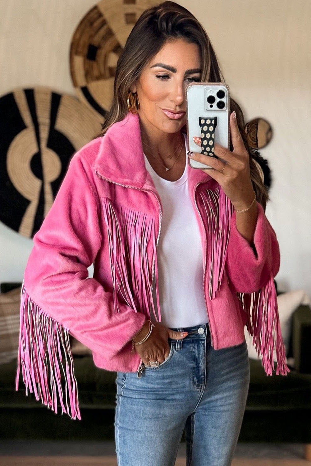 Pink Fringed Full Zipper Fleece Jacket