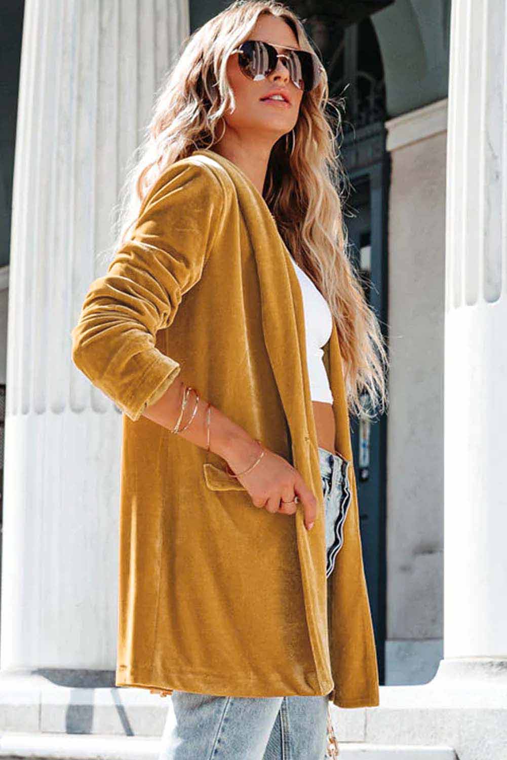 Yellow Lapel Collar Cusual Flap Pockets Blazer