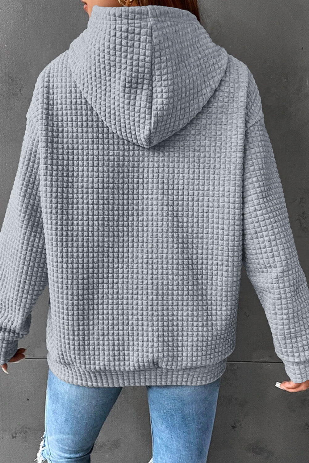 Khaki Lattice Textured Kangaroo Pocket Drawstring Hoodie