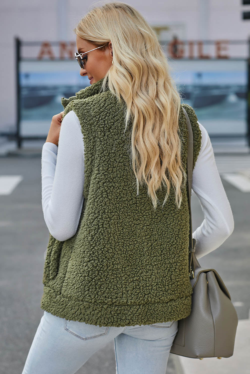 Green Snap Button Collared Stand Neck Sherpa Vest