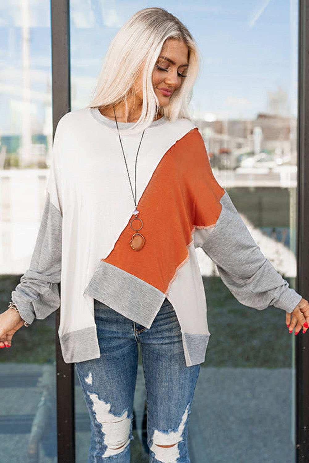 Pink Colorblock Stitching Irregular Hem Long Sleeve Top