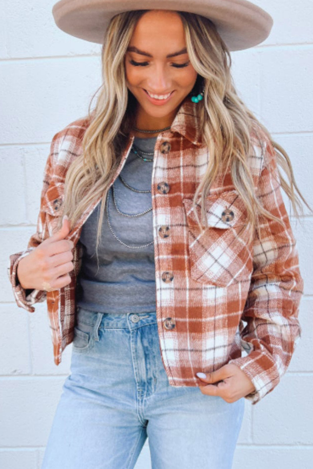 Orange Plaid Button-Up Flap Pocket Cropped Jacket