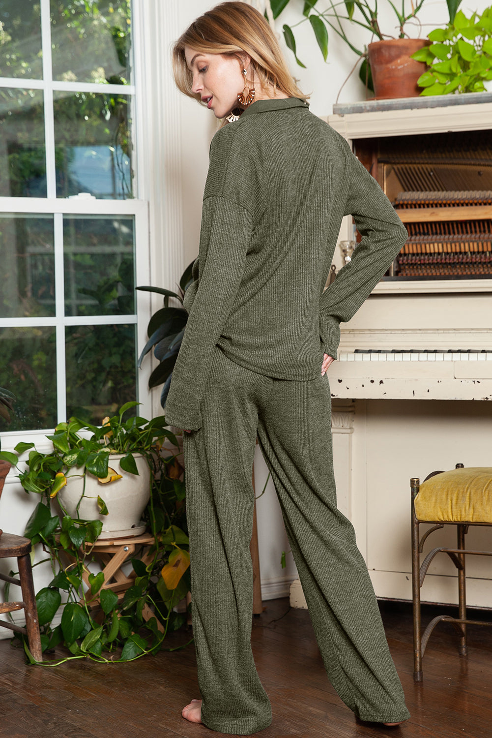 Black Ribbed Henley Shirt and Wide Leg Pants Loungewear Set