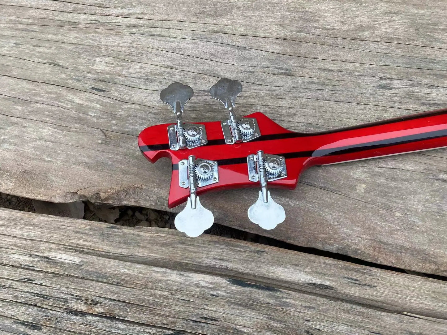 5-piece Neck Thru Body Red Electric Bass Guitar with Adjustable Bridge, Checkerboard Binding