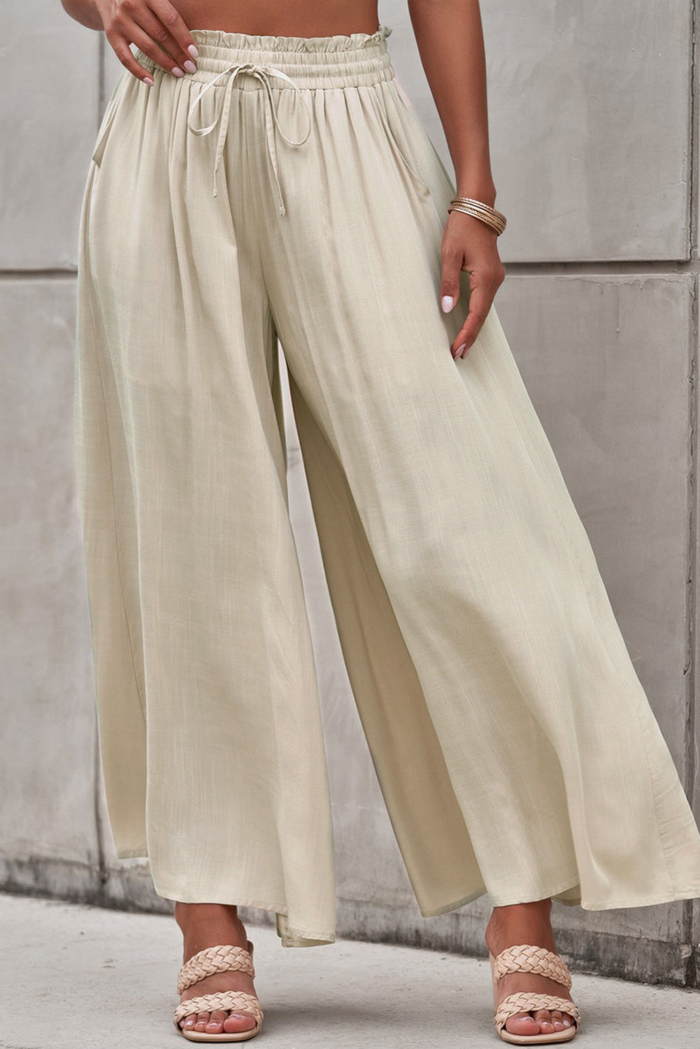 Beige Drawstring Smocked High Waist Wide Leg Pants