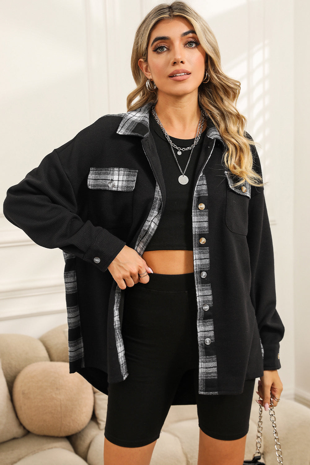 Black Plaid and Thermal Waffle Patchwork Shacket