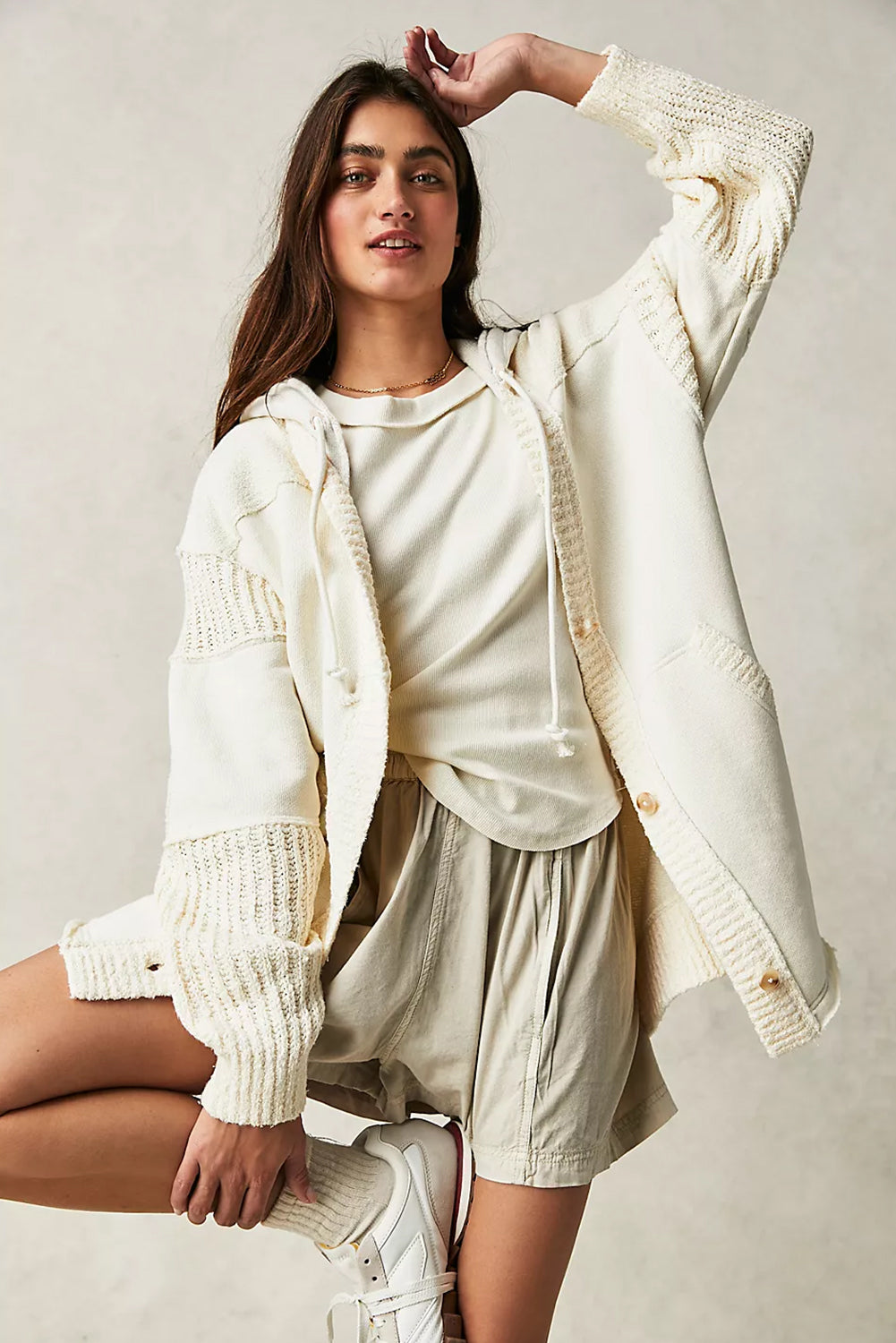 Beige Solid Color Button Down Long Hooded Cardigan