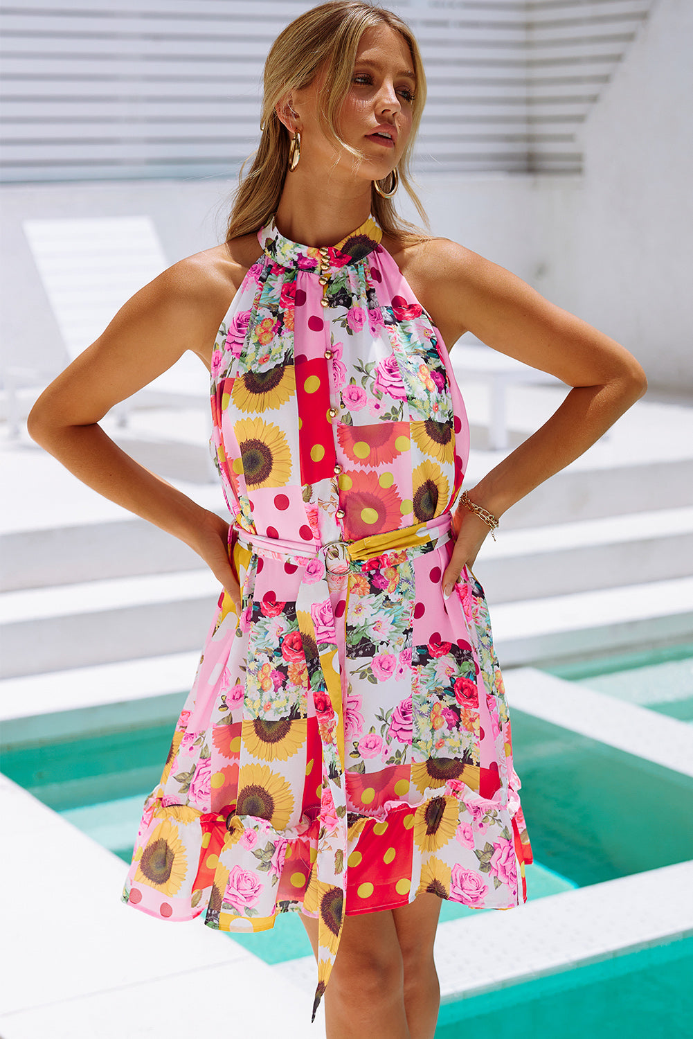 Floral Print Buttoned Waist Belted Sleeveless Flounce Hem Halter Dress