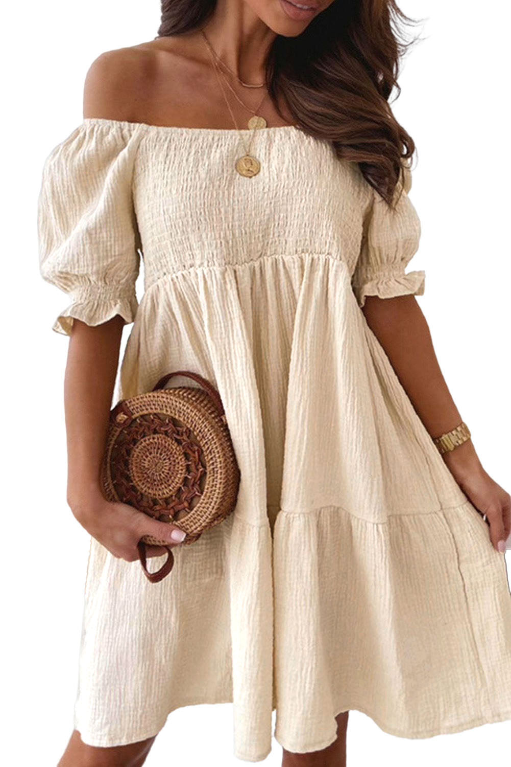 Apricot Puff Sleeve Square Neck Smocked Babydoll Dress