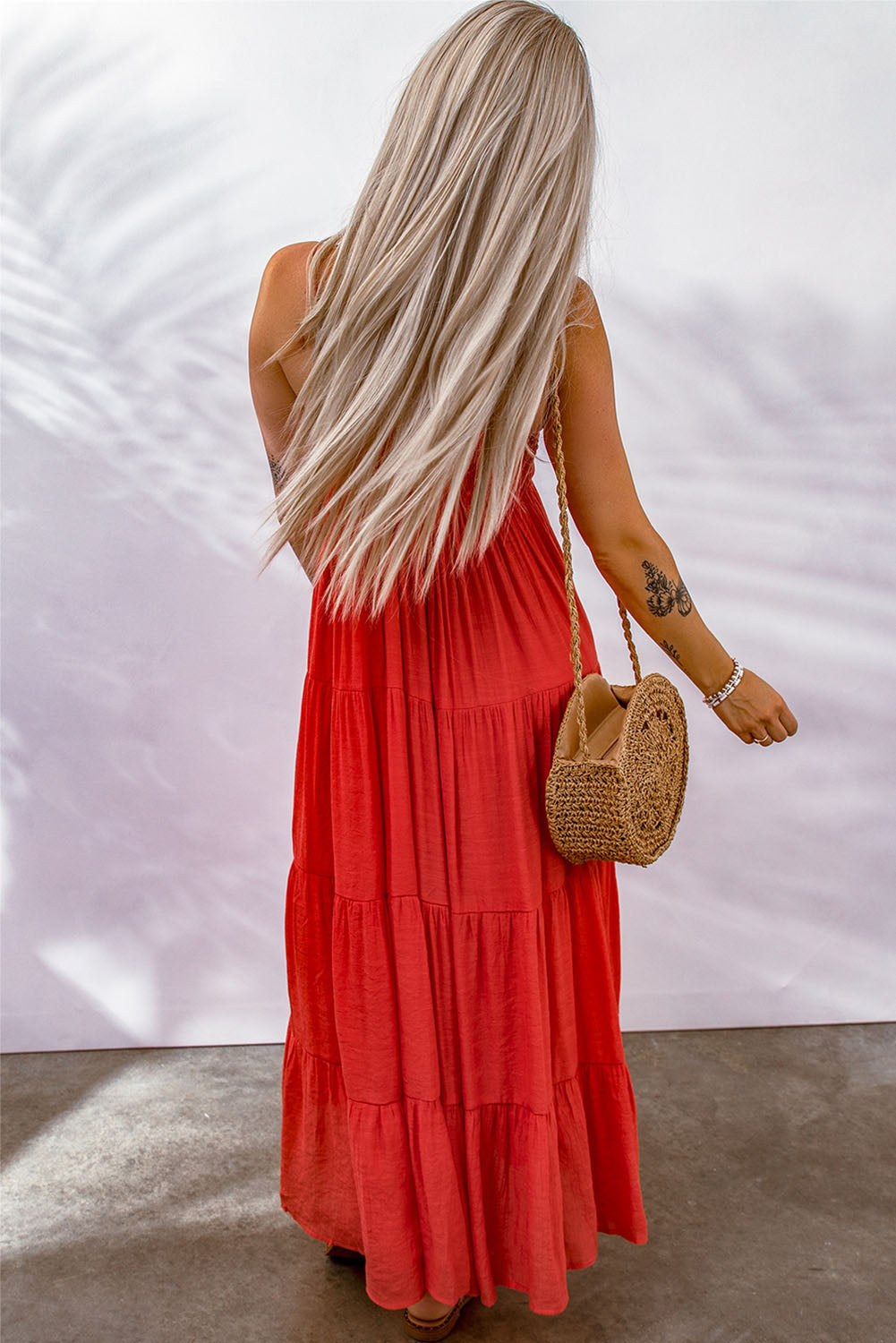 Red O-ring Smocked Back Spaghetti Straps Tiered Boho Dress