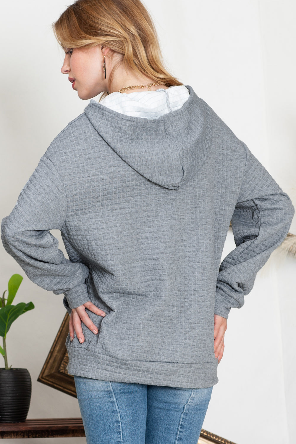 Khaki Lattice Textured Kangaroo Pocket Drawstring Hoodie