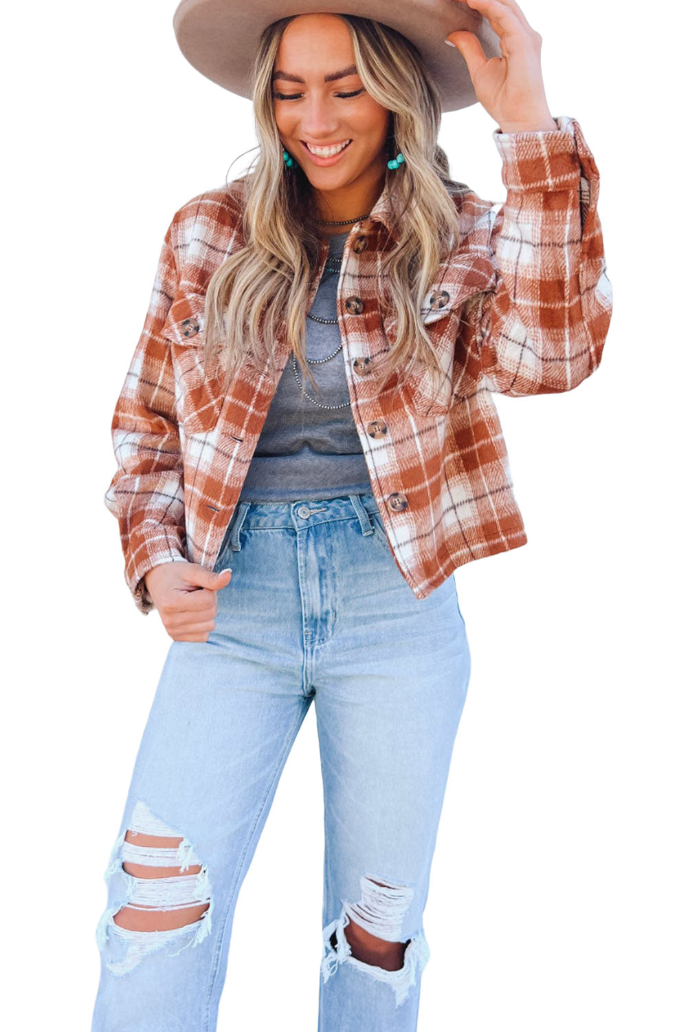 Orange Plaid Button-Up Flap Pocket Cropped Jacket