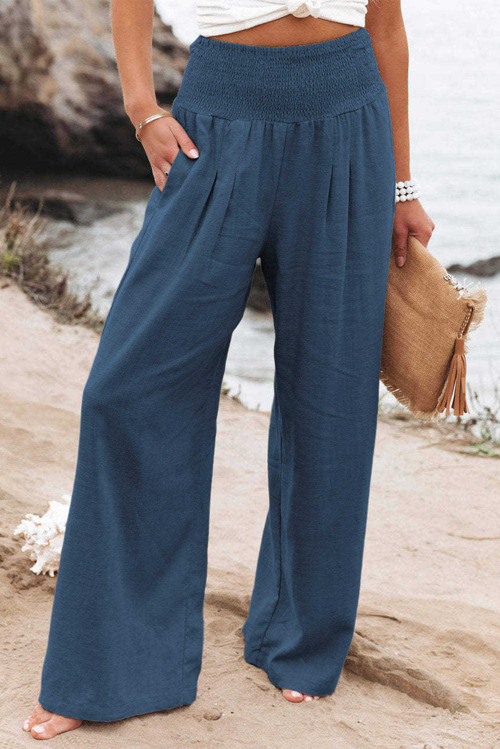 Brown Smocked Wide Waistband High Waist Wide Leg Pants