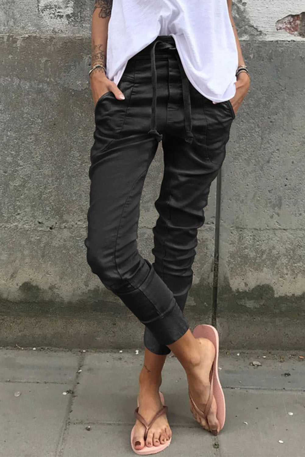Black Skinny High Waisted Drawstring Capri Pants